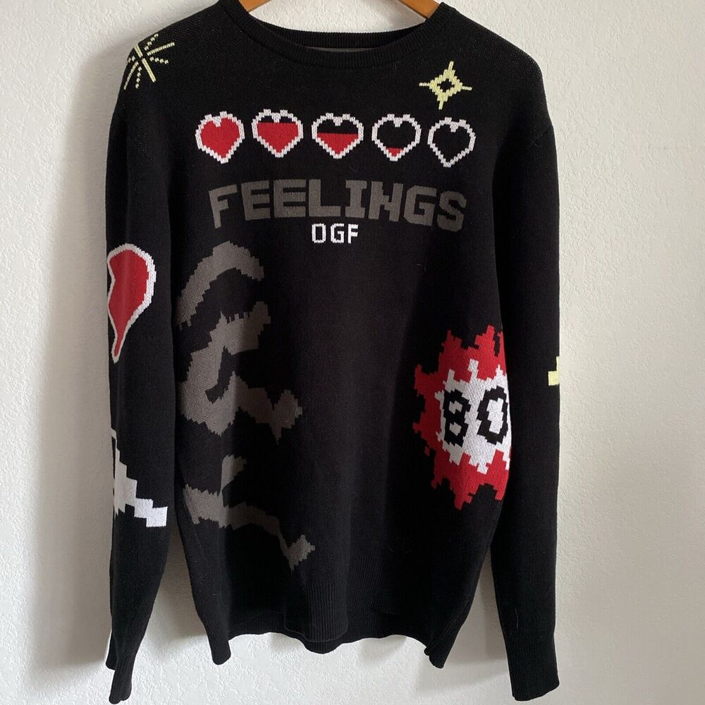 Original Fables Feelings Sweater OGF Black Knit Heart Graphic Pullover Top Sz M